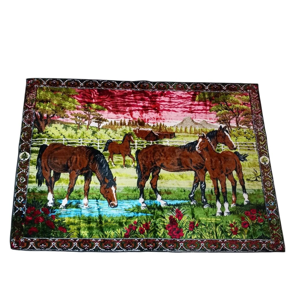 Vtg Horse Tapestry 70's Carpet Rug Large Wall Art Decor 51 X 40 Inches